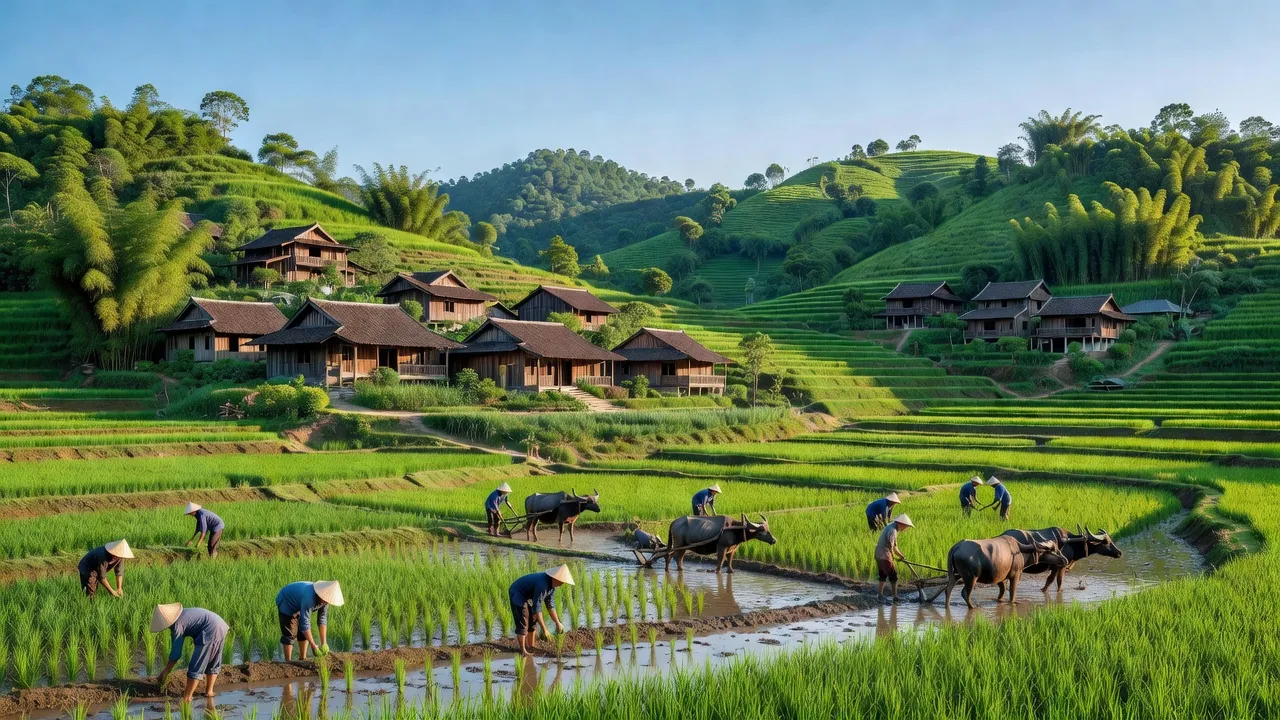 Khung cảnh làng Tam Sơn, huyện Cẩm Khê, tỉnh Phú Thọ với nhà gỗ và ruộng xanh tươi.
