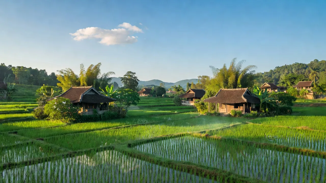 Khung cảnh yên bình ở xã Tiên Lương, huyện Cẩm Khê, tỉnh Phú Thọ với cánh đồng xanh.