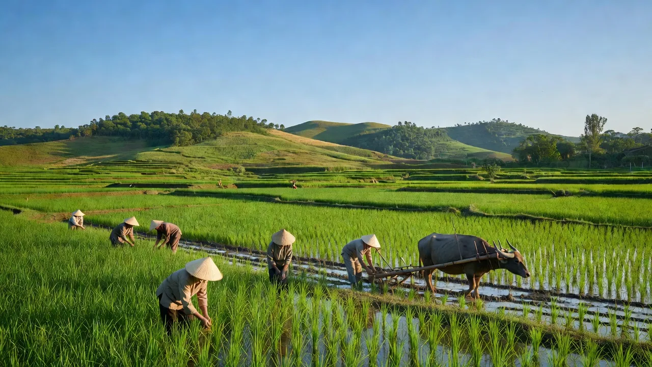 Cảnh đẹp xã Văn Bán, huyện Cẩm Khê, tỉnh Phú Thọ với đồng ruộng xanh và đồi cọ.