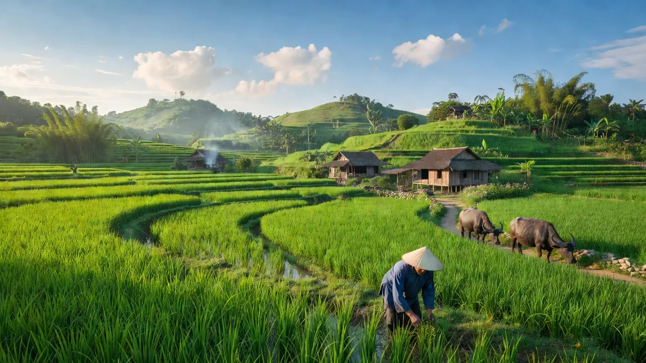 Khung cảnh làng xã Văn Bán, huyện Cẩm Khê, Phú Thọ với đồng ruộng xanh tươi.
