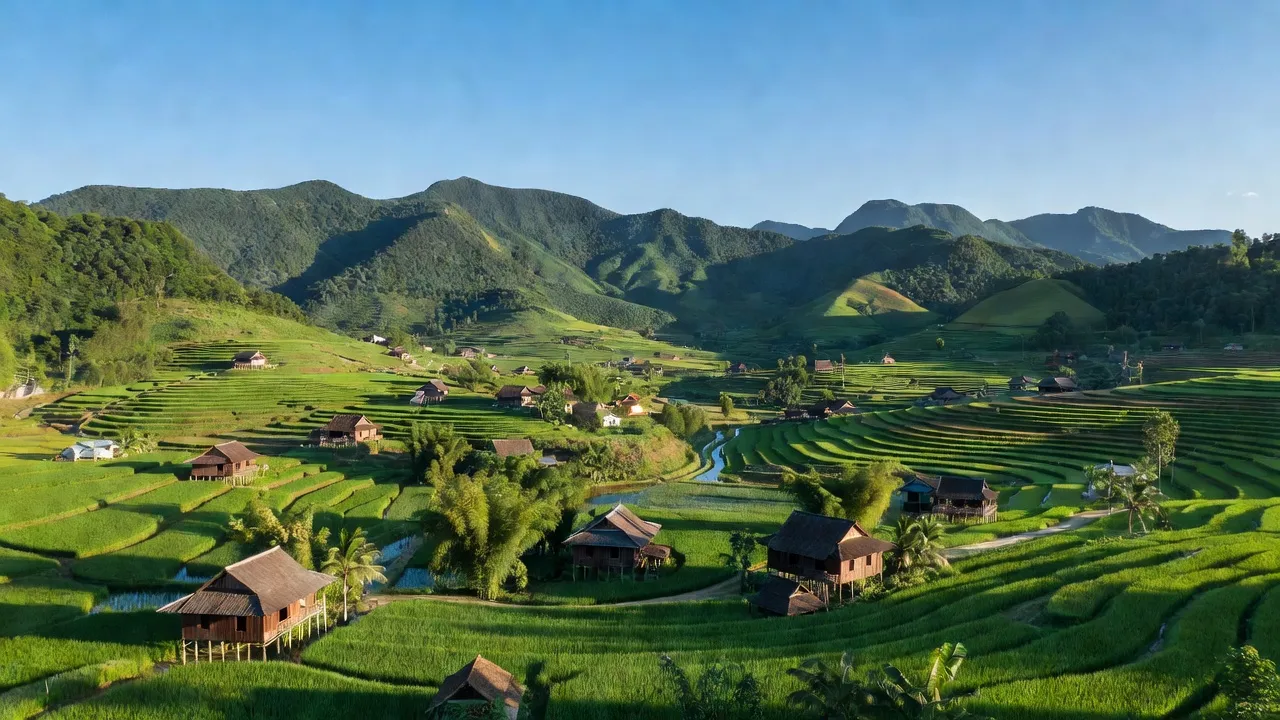 Đoan Hùng, Phú Thọ mountainous district with green hills and traditional architecture, a key economic area.
