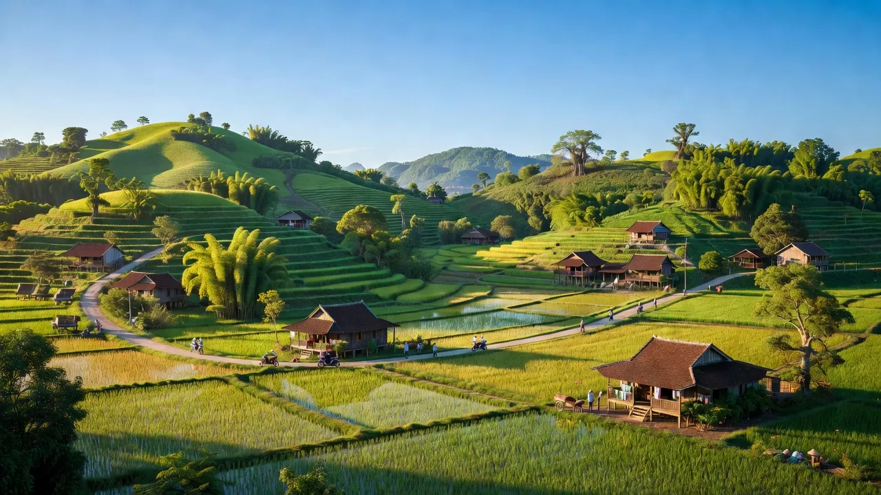 Phong cảnh xã Bằng Doãn, huyện Đoan Hùng, Phú Thọ với ngọn đồi xanh và cánh đồng đẹp.