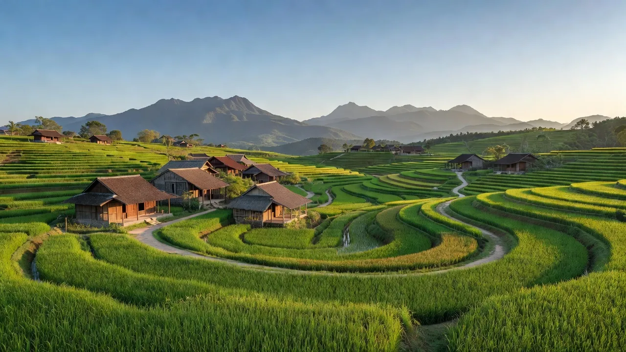Cảnh đẹp xã Bằng Luân, Huyện Đoan Hùng, Tỉnh Phú Thọ với ruộng bậc thang và nhà truyền thống.