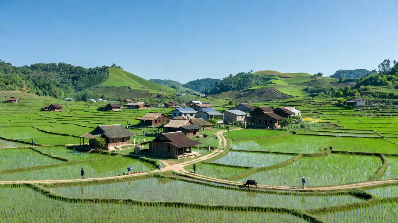 Khung cảnh xã Ca Đình, huyện Đoan Hùng, tỉnh Phú Thọ với cánh đồng xanh và nhà gỗ truyền thống.