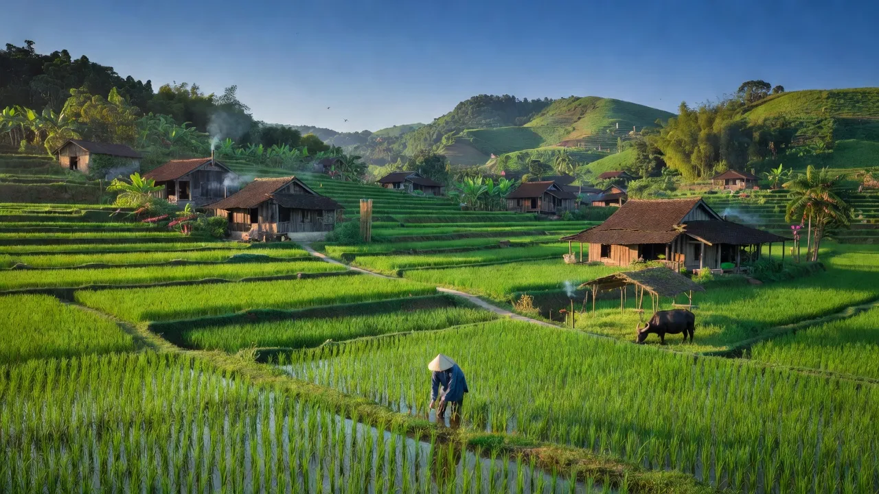 Khung cảnh bình yên xã Chân Mộng, huyện Đoan Hùng, tỉnh Phú Thọ với đồng xanh và nhà truyền thống.