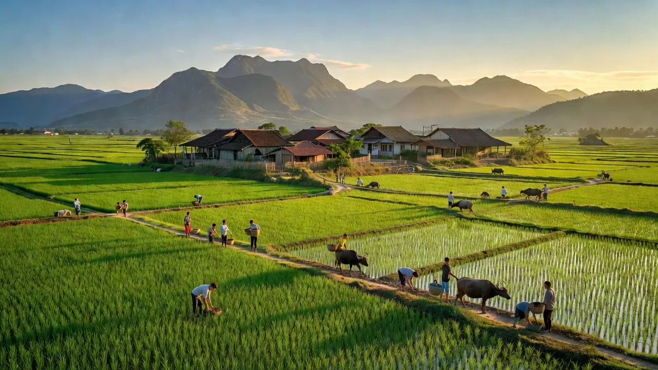 Khung cảnh nông thôn tại xã Chí Đám, huyện Đoan Hùng, tỉnh Phú Thọ, với đồng xanh và núi xa.