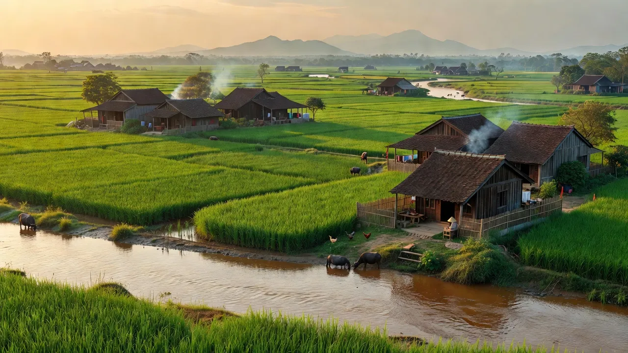 Cảnh quan xã Hợp Nhất, huyện Đoan Hùng, tỉnh Phú Thọ với sông Hồng và đồng lúa xanh tươi.