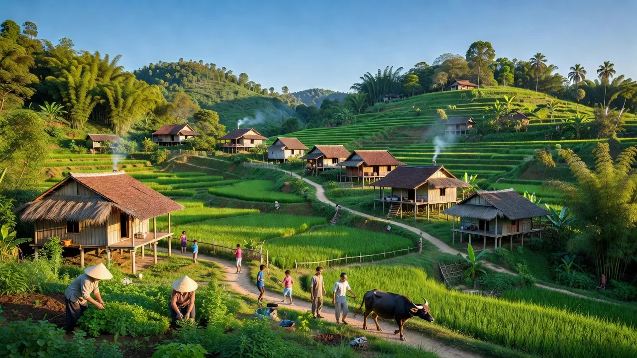 Cảnh làng Hùng Xuyên, huyện Đoan Hùng, tỉnh Phú Thọ với đồi xanh và nhà truyền thống.