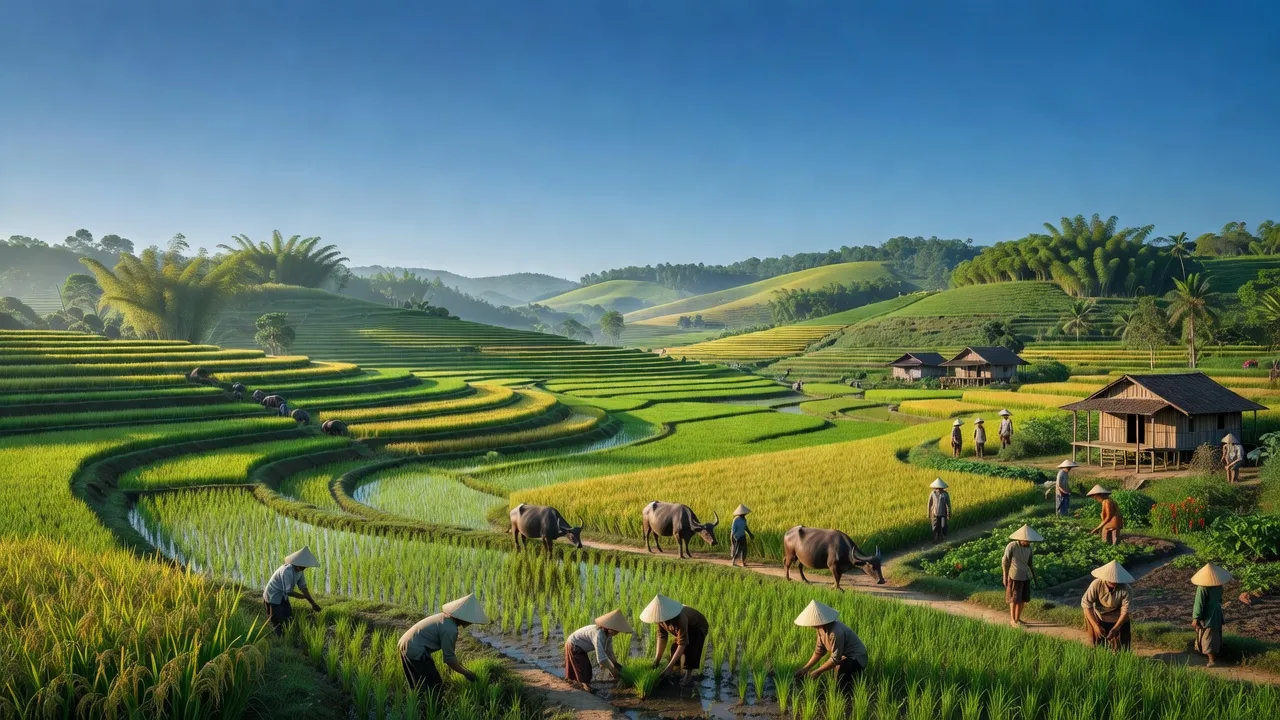 Khung cảnh Xã Ngọc Quan, huyện Đoan Hùng, Phú Thọ với những cánh đồng xanh mướt và đồi núi thấp.