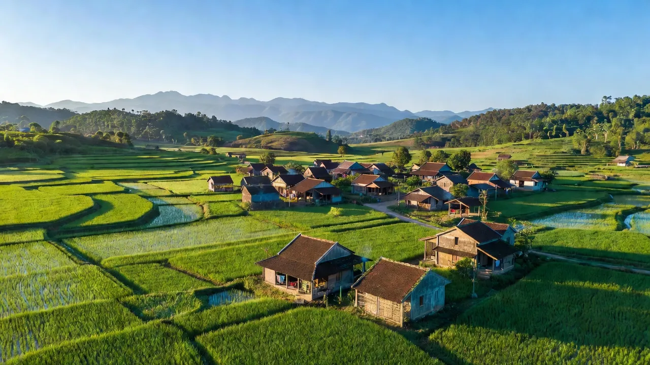Cảnh đẹp Xã Phú Lâm, Huyện Đoan Hùng, tỉnh Phú Thọ với cánh đồng xanh và nhà truyền thống.