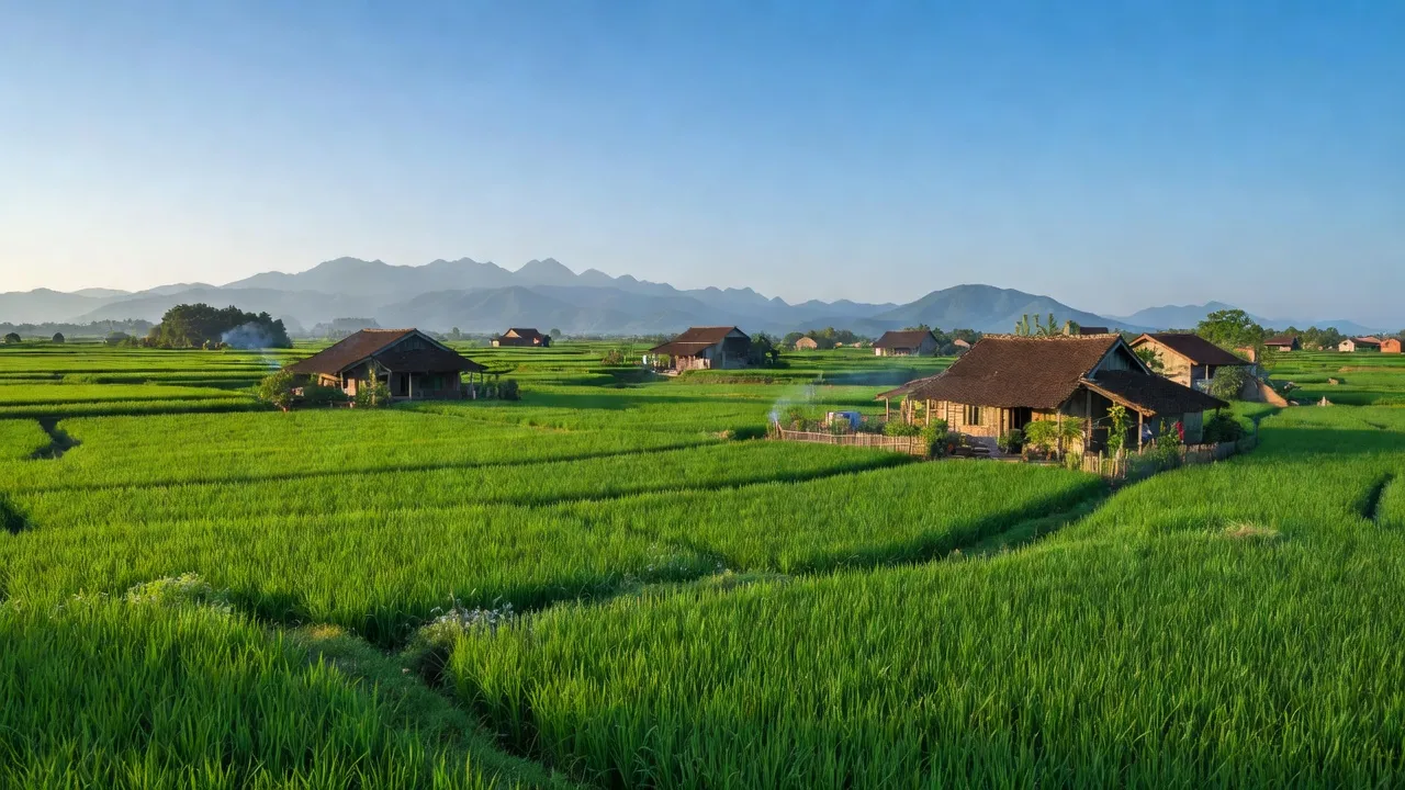 Khung cảnh thanh bình tại xã Phú Lâm, huyện Đoan Hùng với cánh đồng xanh và nhà truyền thống.