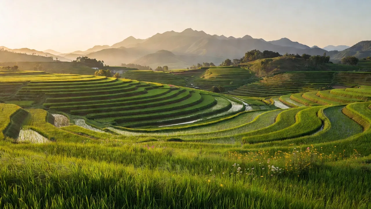 Cảnh nông thôn xã Tây Cốc, huyện Đoan Hùng, tỉnh Phú Thọ với ruộng bậc thang và núi non.