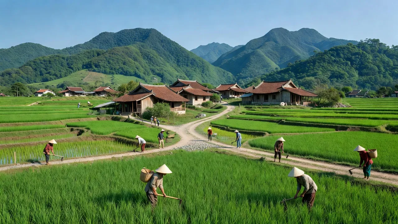 Khung cảnh yên bình của xã Yên Kiện, huyện Đoan Hùng, tỉnh Phú Thọ với núi non xanh.