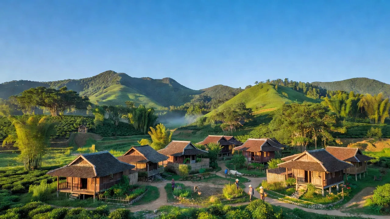 Khung cảnh yên bình ở xã Yên Kiện, huyện Đoan Hùng, Phú Thọ với núi xanh, nhà truyền thống.