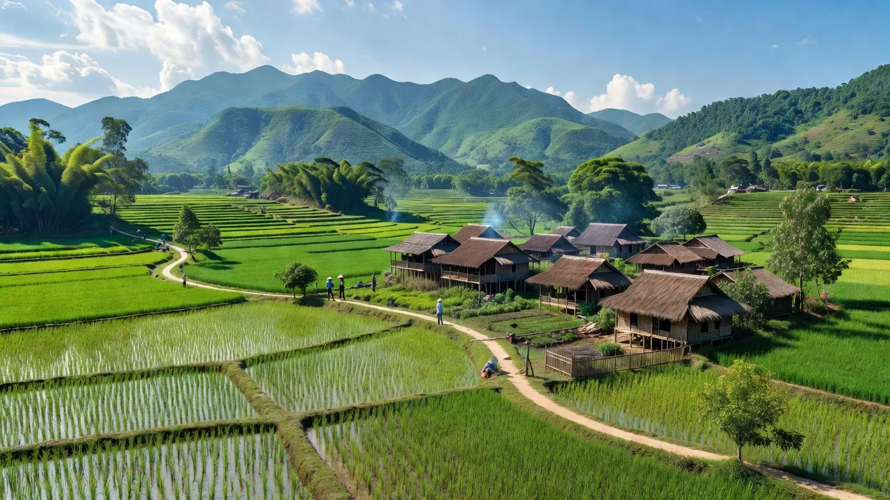 Khung cảnh Huyện Hạ Hòa, Phú Thọ với vùng đồi núi và cánh đồng xanh tươi.