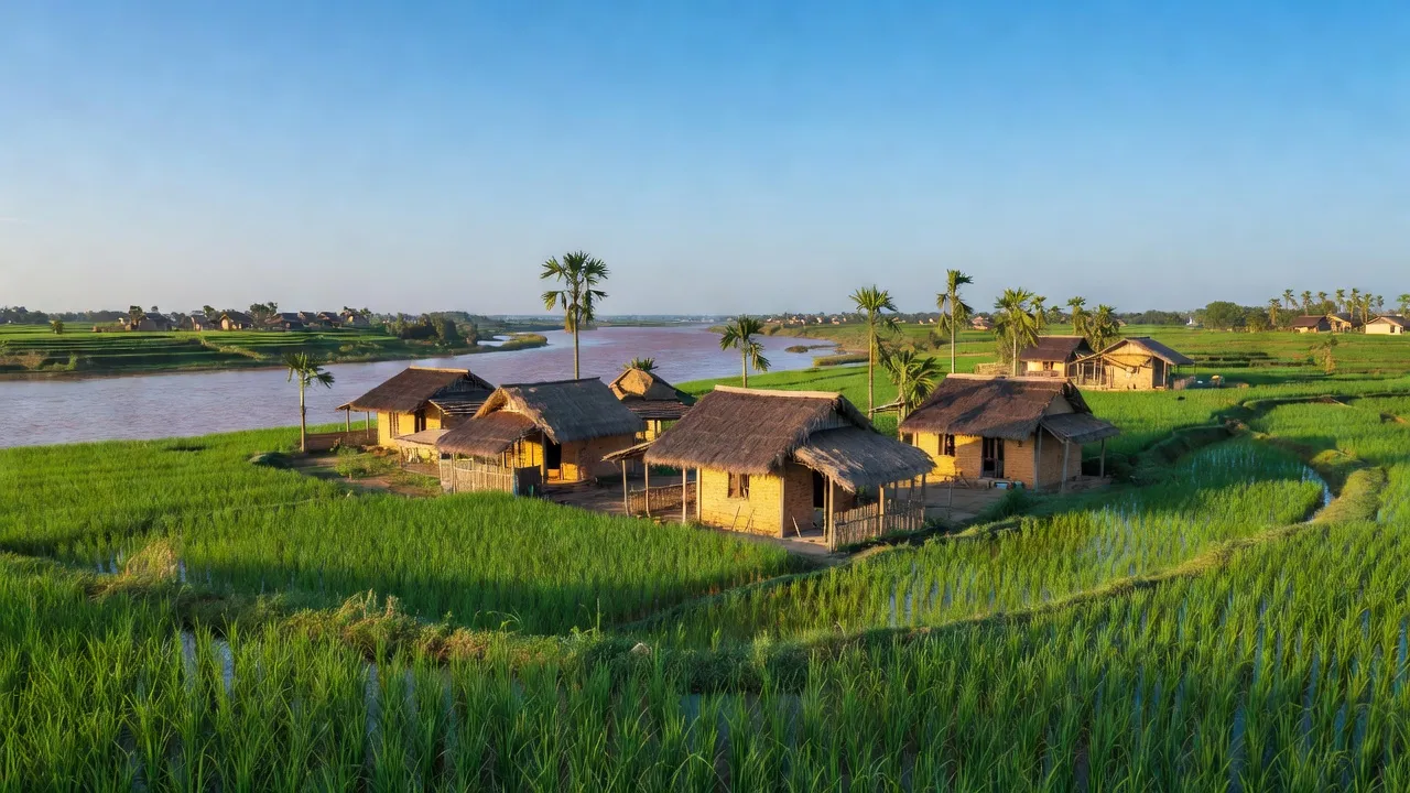 Bức tranh làng Ấm Hạ, huyện Hạ Hòa với cánh đồng lúa xanh mướt và sông Hồng chảy qua.