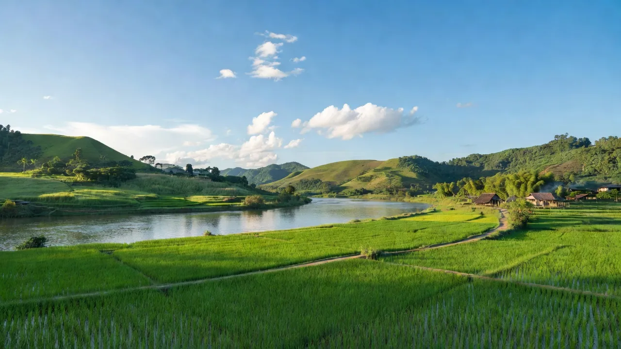 Khung cảnh yên bình ở Ấm Hạ, huyện Hạ Hoà, tỉnh Phú Thọ với sông Hồng và đồng cỏ xanh.