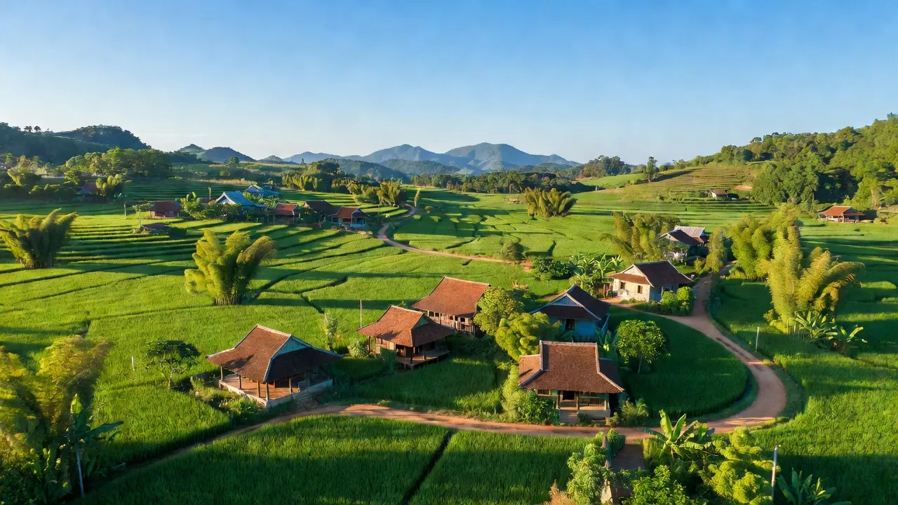 Khung cảnh Xã Bằng Giã, huyện Hạ Hoà, Phú Thọ với đường giao thông và đồng ruộng xanh tươi.