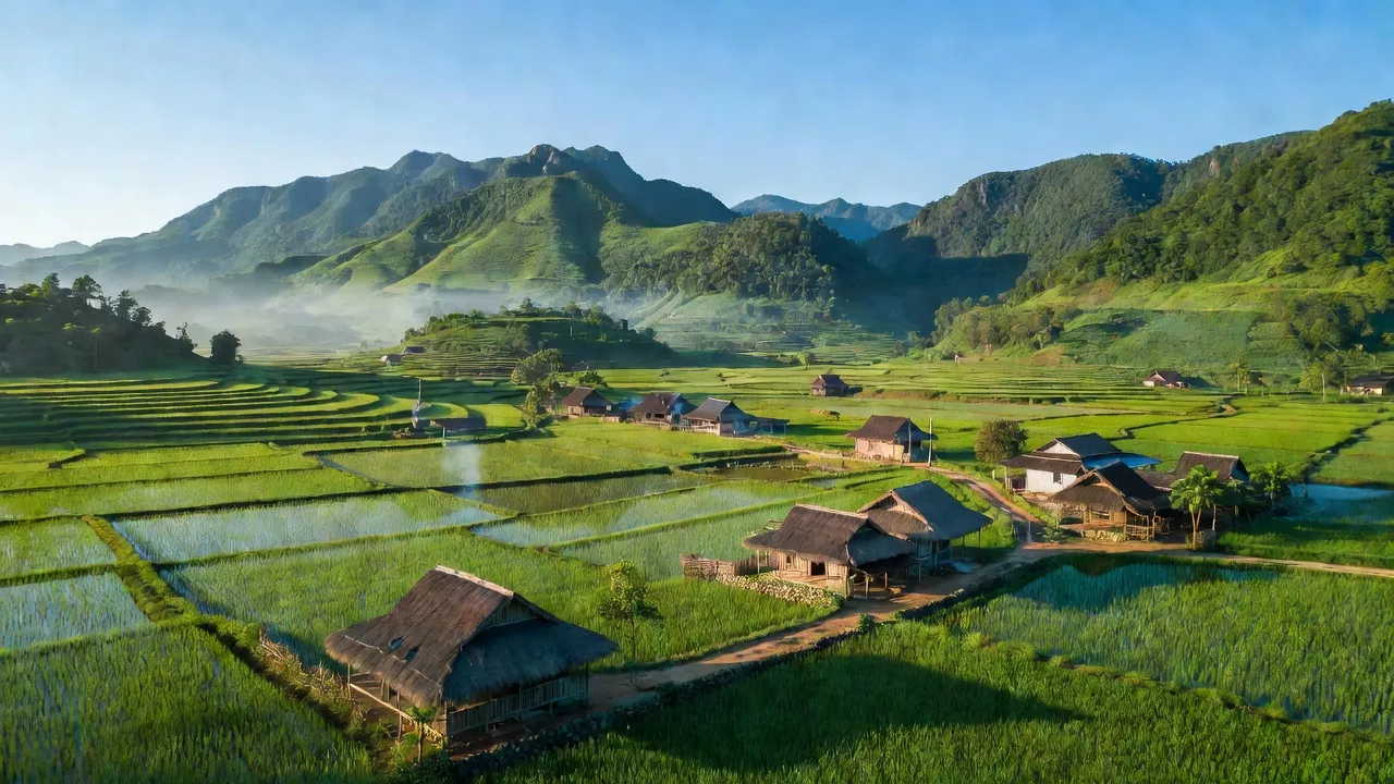 Cảnh đẹp Xã Đại Phạm, Huyện Hạ Hoà, Tỉnh Phú Thọ với phong cảnh núi xanh và nhà truyền thống.
