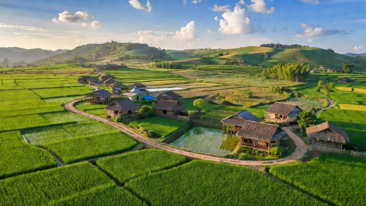 Cảnh đẹp xã Đan Thượng, huyện Hạ Hòa, tỉnh Phú Thọ với cánh đồng và nhà địa phương.
