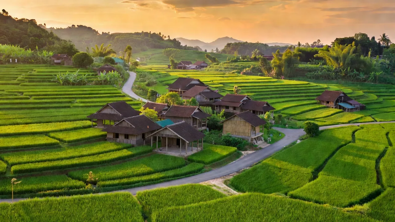 Cảnh quan làng Gia Điền, huyện Hạ Hòa, tỉnh Phú Thọ với cánh đồng xanh và đường giao thông.