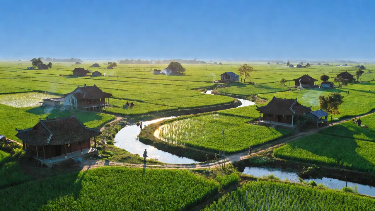 Cảnh quan Xã Hiền Lương, Huyện Hạ Hoà, Phú Thọ với đồng ruộng và dòng sông trong không gian nông thôn.