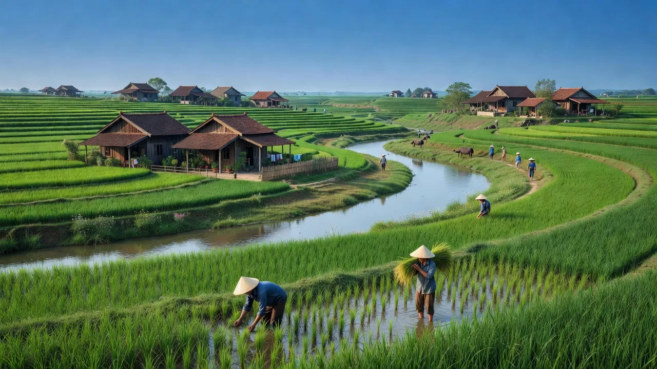 Khung cảnh yên bình của xã Hiền Lương, huyện Hạ Hoà, Phú Thọ, với cánh đồng lúa xanh và dòng sông.