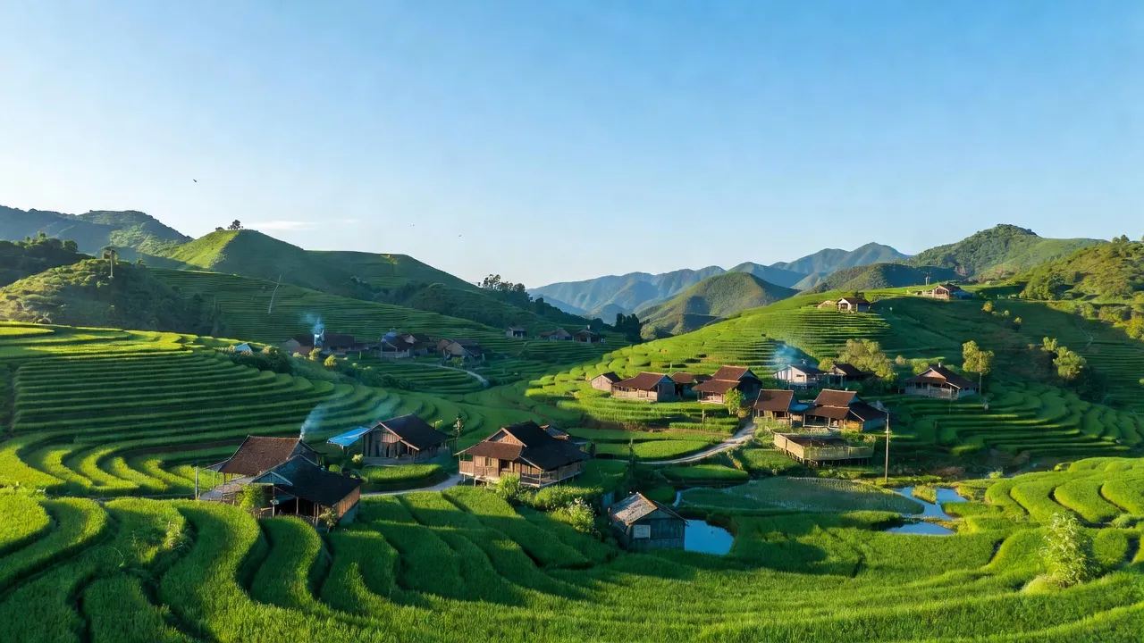Cảnh đẹp Hương Xạ, huyện Hạ Hoà, tỉnh Phú Thọ với đồi núi xanh và bầu trời trong.