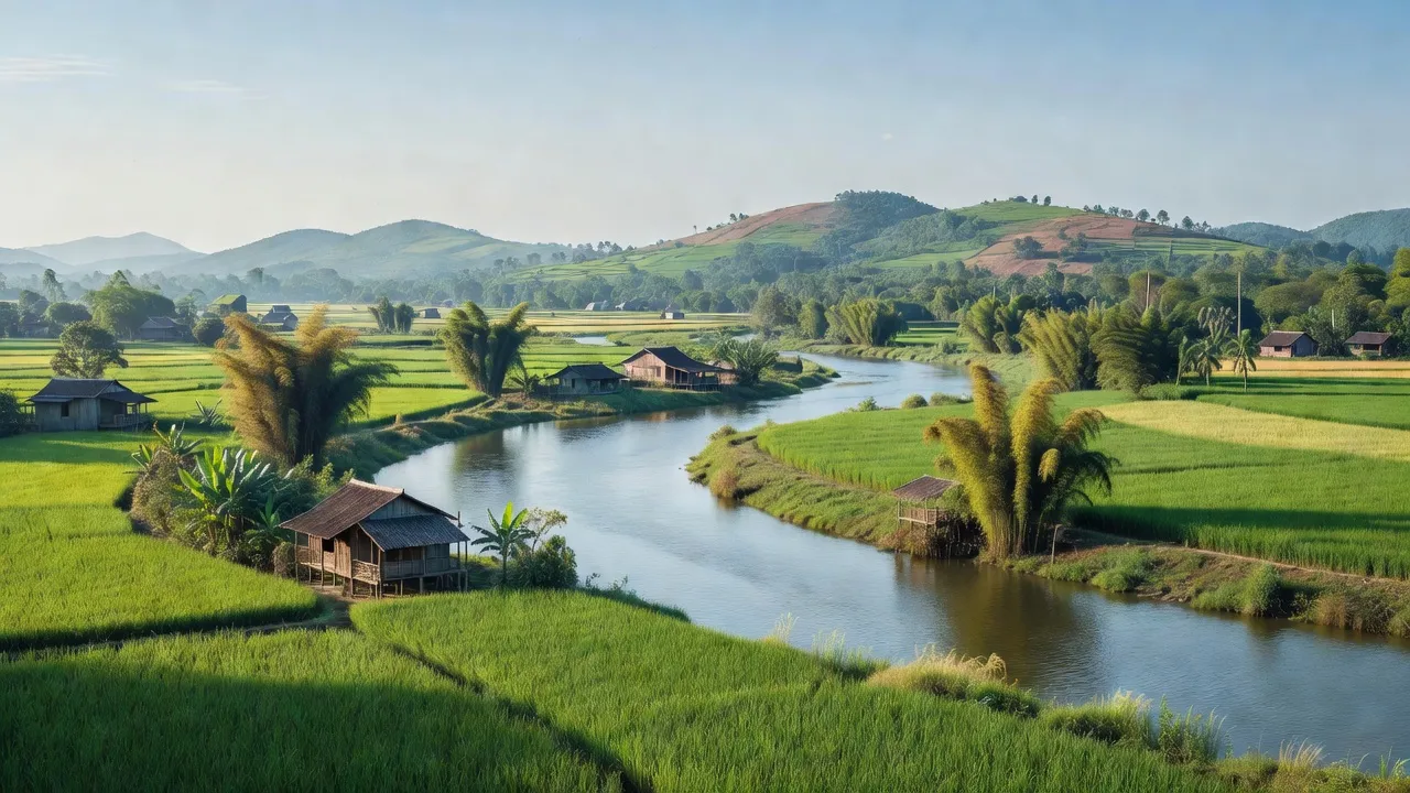 Cảnh nông thôn xã Lang Sơn, huyện Hạ Hoà, tỉnh Phú Thọ, đồi thấp và cánh đồng xanh ven sông.