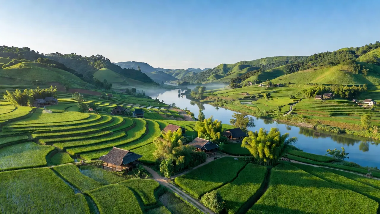 Khung cảnh xã Lang Sơn, Huyện Hạ Hoà, Tỉnh Phú Thọ với đồng xanh và đồi thấp.