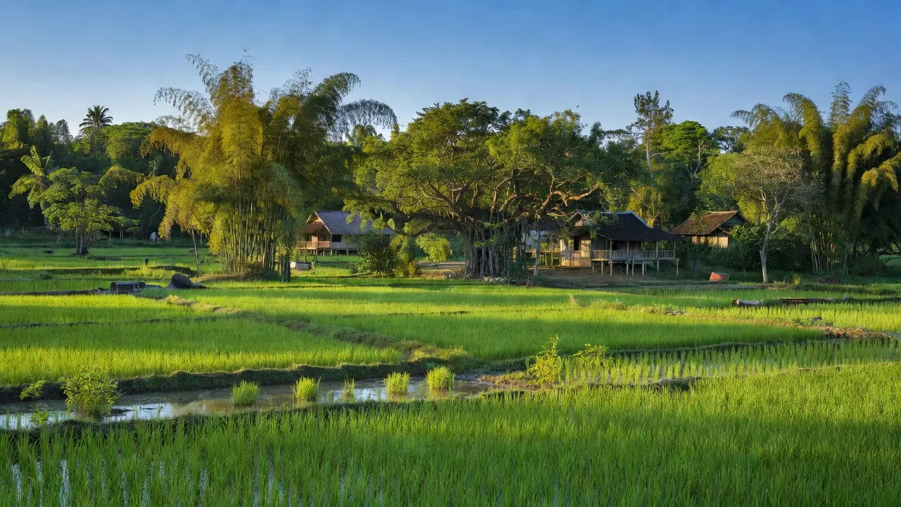 Khung cảnh nông thôn xã Minh Côi, Hạ Hoà, Phú Thọ với đồng ruộng và bầu trời trong xanh.