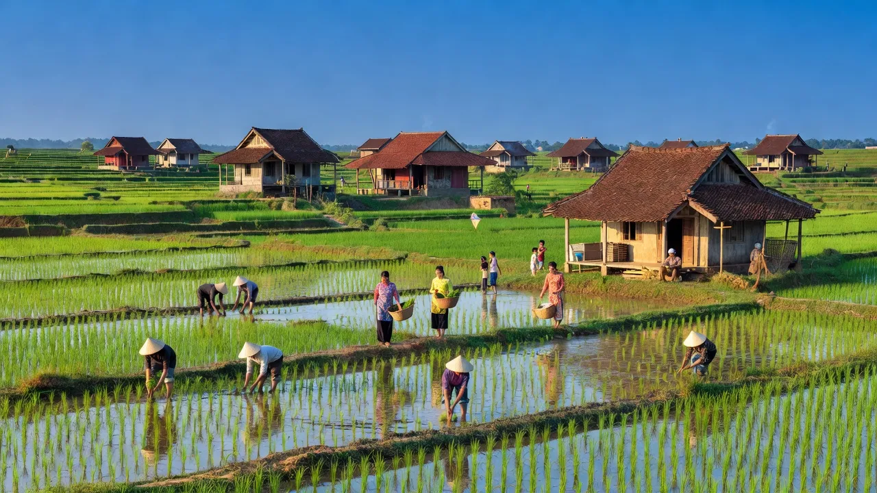Quang cảnh Xã Phương Viên, huyện Hạ Hoà, tỉnh Phú Thọ, với cánh đồng xanh và nhà truyền thống.