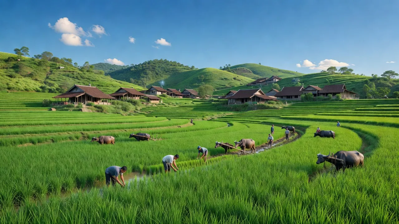 Khung cảnh bình yên xã Tứ Hiệp, huyện Hạ Hoà, tỉnh Phú Thọ với cánh đồng xanh tươi.