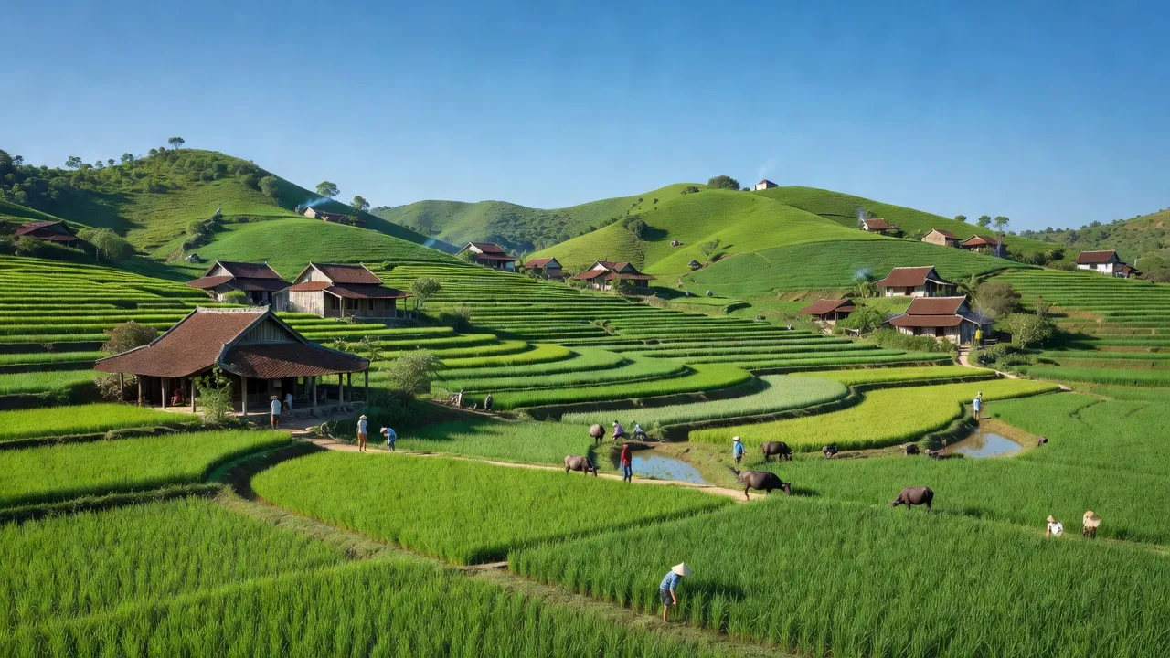 Phong cảnh yên bình của xã Tứ Hiệp, Huyện Hạ Hoà, Tỉnh Phú Thọ với ruộng bậc thang xanh.