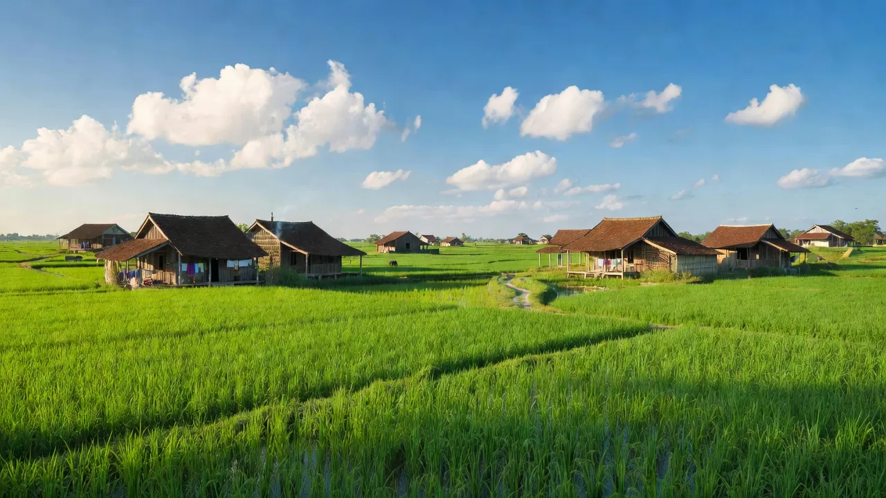 Cảnh quan xã Vĩnh Chân, huyện Hạ Hoà, tỉnh Phú Thọ với ruộng xanh và nhà truyền thống.