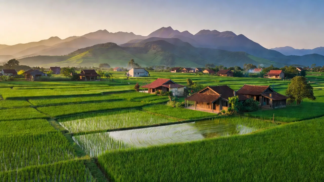 Toàn cảnh xã Vĩnh Chân, huyện Hạ Hoà, Phú Thọ với cánh đồng xanh và nhà truyền thống.
