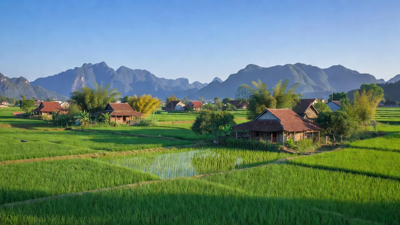 Cảnh quan xã Yên Kỳ, huyện Hạ Hoà, Phú Thọ với cánh đồng xanh và nhà truyền thống.