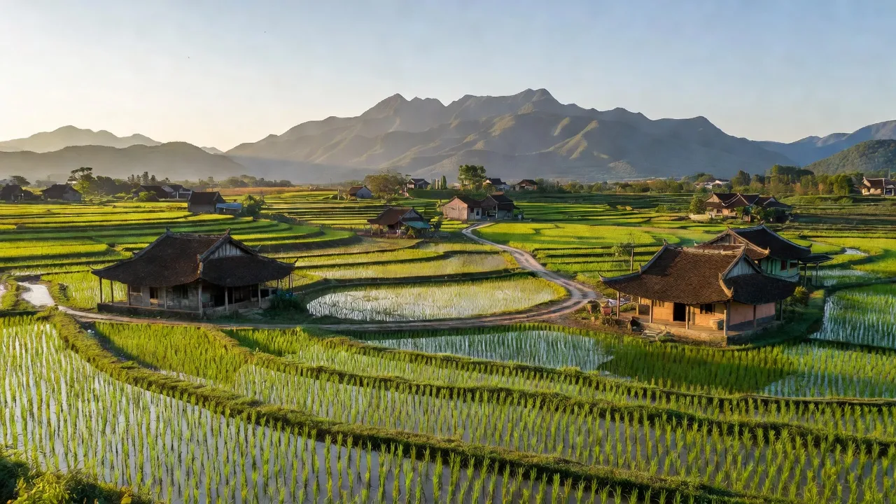 Khung cảnh làng Yên Luật, huyện Hạ Hoà, tỉnh Phú Thọ với cánh đồng xanh ngát, nhà truyền thống và núi.