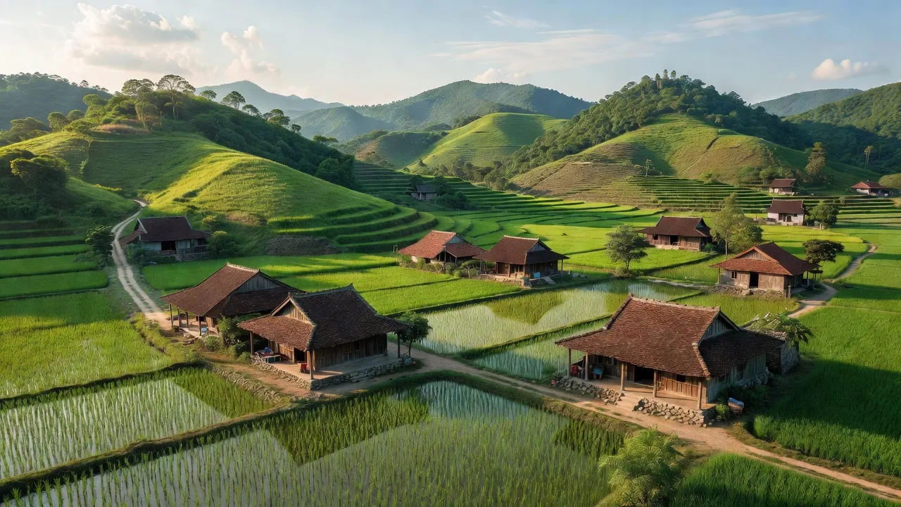 Khung cảnh xã Yên Luật, huyện Hạ Hoà, với đồi núi và ruộng lúa xanh tươi.