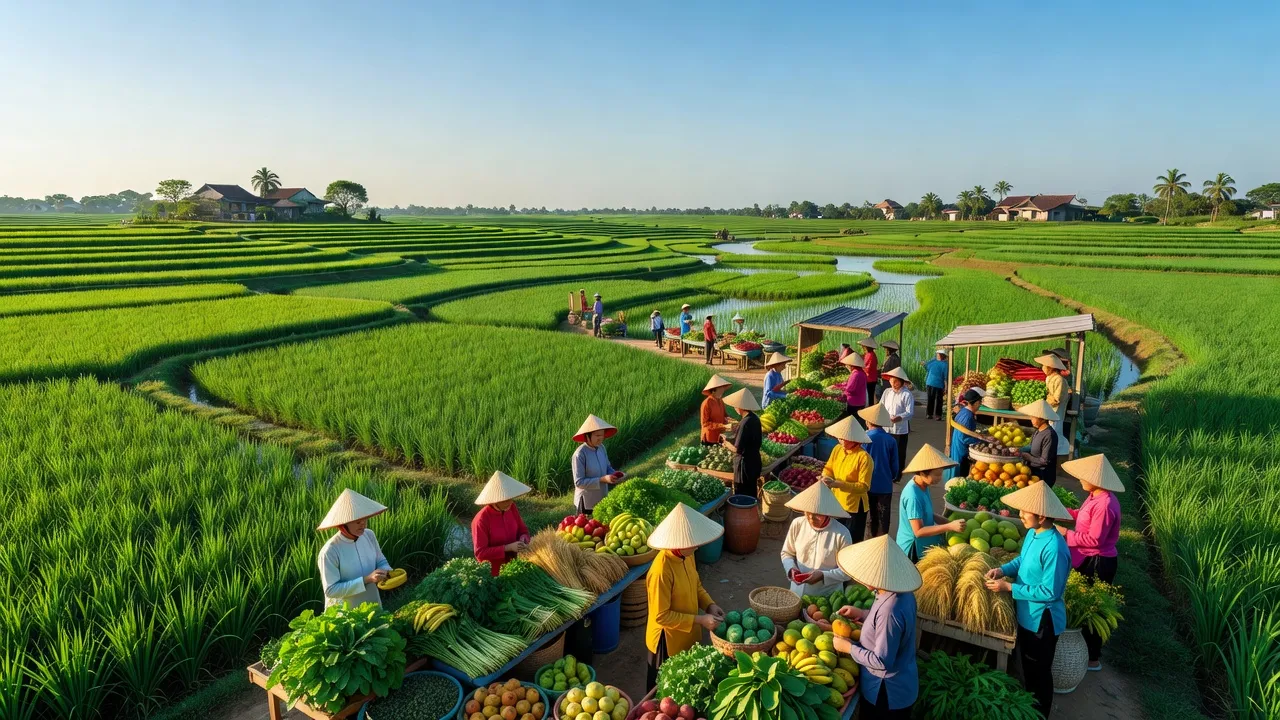 Cảnh đồng lúa xanh tươi ở huyện Lâm Thao, tỉnh Phú Thọ, thể hiện sự phát triển nông nghiệp địa phương.