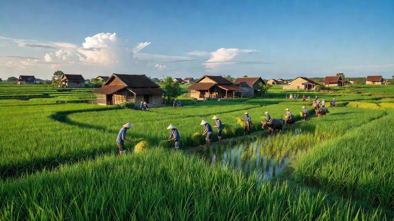 Cảnh quan huyện Lâm Thao, Phú Thọ với cánh đồng lúa xanh và nhà truyền thống, thể hiện sự phát triển nông nghiệp.