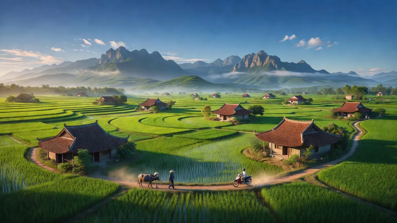 Cảnh đẹp xã Bản Nguyên, huyện Lâm Thao, tỉnh Phú Thọ với núi non, cánh đồng và không gian yên bình.