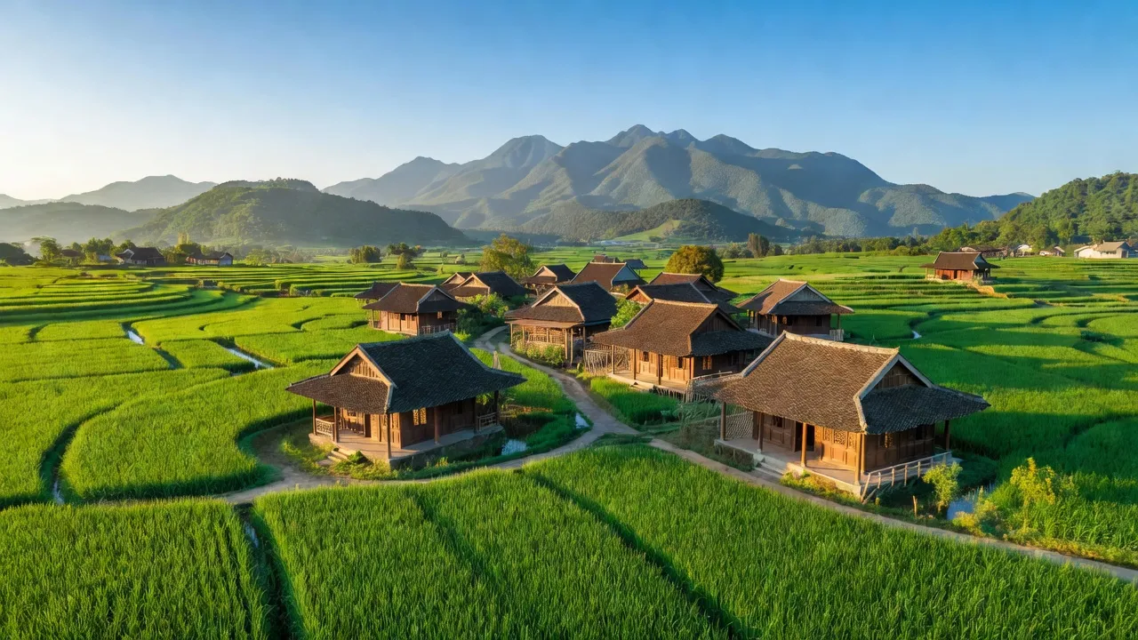 Cảnh đẹp Xã Bản Nguyên, Lâm Thao, với nhà truyền thống và ruộng xanh, trời trong.