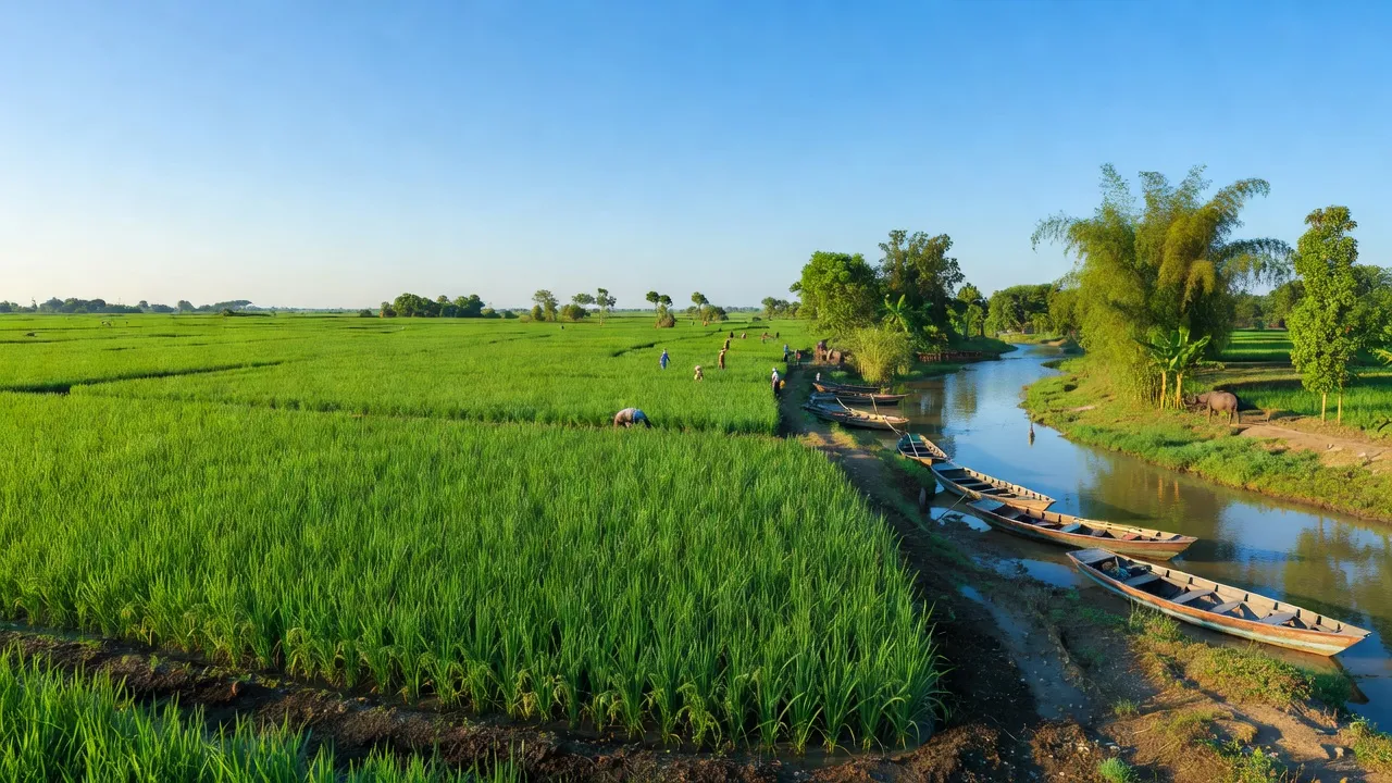Cảnh đẹp xã Cao Xá, huyện Lâm Thao, tỉnh Phú Thọ với cánh đồng lúa và bầu trời trong xanh.