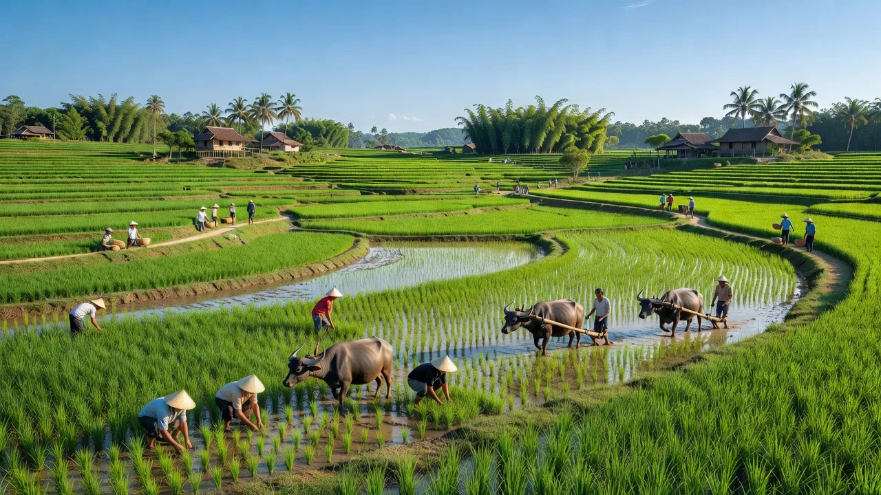 Khung cảnh xã Cao Xá, huyện Lâm Thao, Phú Thọ với ruộng lúa xanh và nông dân làm việc
