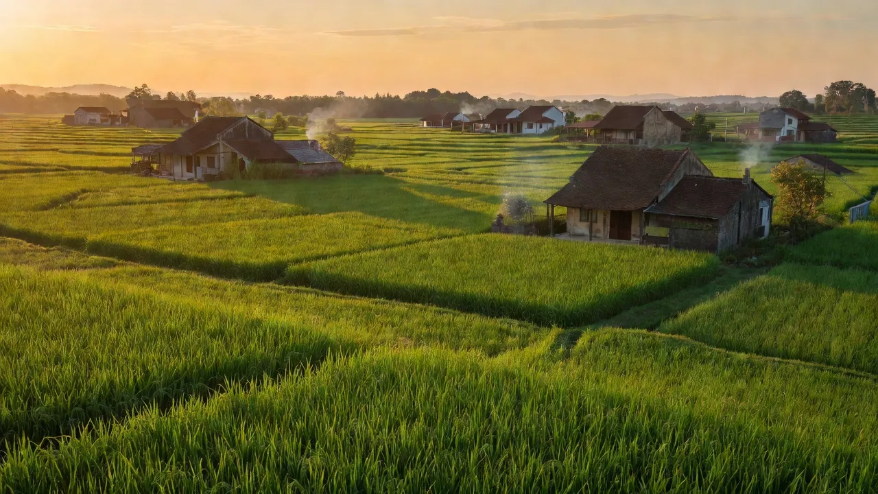 Khung cảnh thị trấn Hùng Sơn, Lâm Thao, Phú Thọ với cánh đồng xanh và nhà truyền thống.