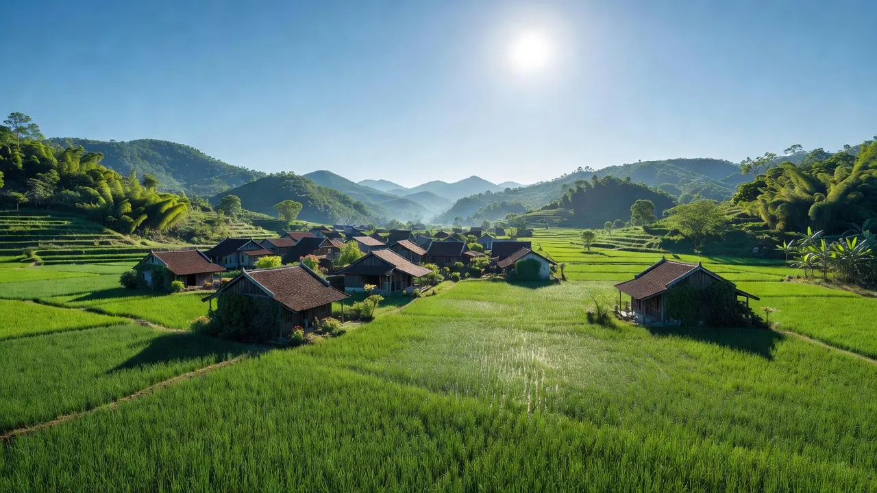 Thị trấn Hùng Sơn, Lâm Thao, Phú Thọ với cảnh đồng quê xanh và nhà truyền thống.