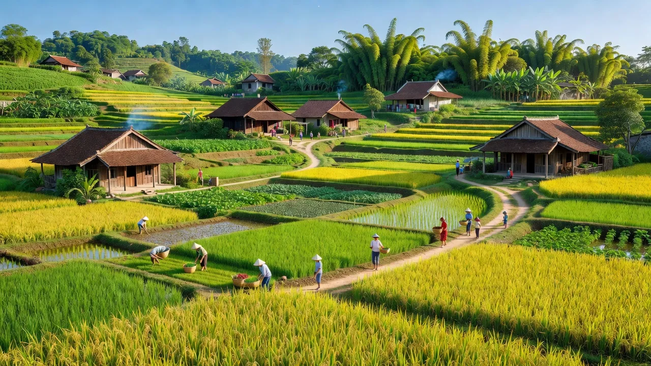 Cảnh đẹp xã Sơn Vi, huyện Lâm Thao, tỉnh Phú Thọ với ruộng đồng xanh tươi và nhà truyền thống.