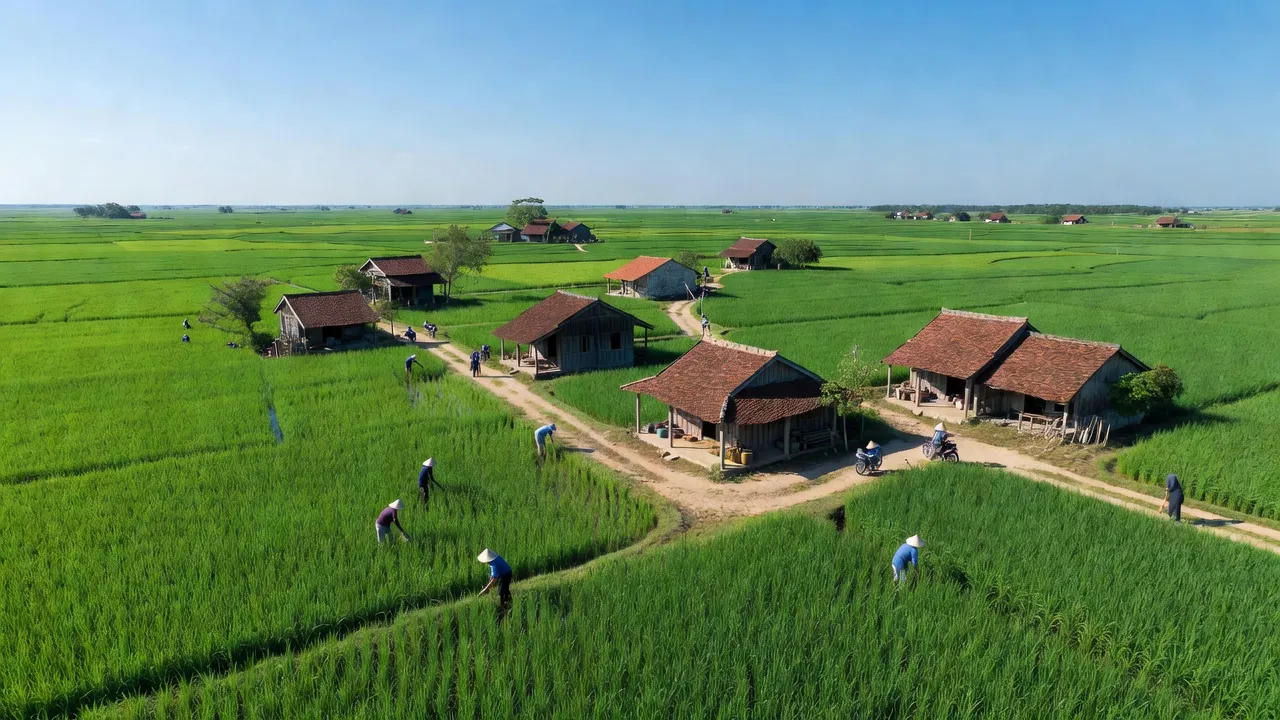 Cảnh thôn quê Xã Thạch Sơn, huyện Lâm Thao, tỉnh Phú Thọ với cánh đồng xanh và nhà truyền thống.
