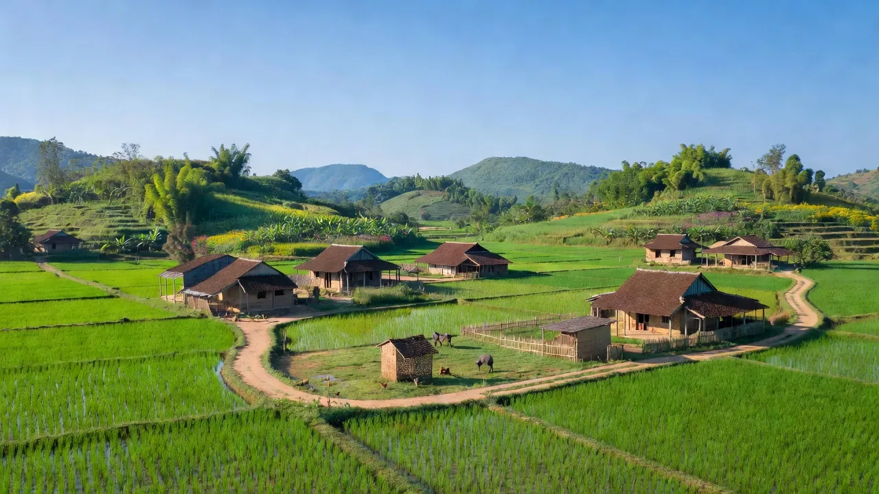 Xã Tiên Kiên, huyện Lâm Thao, Phú Thọ, với cảnh làng quê và đồi núi xanh.